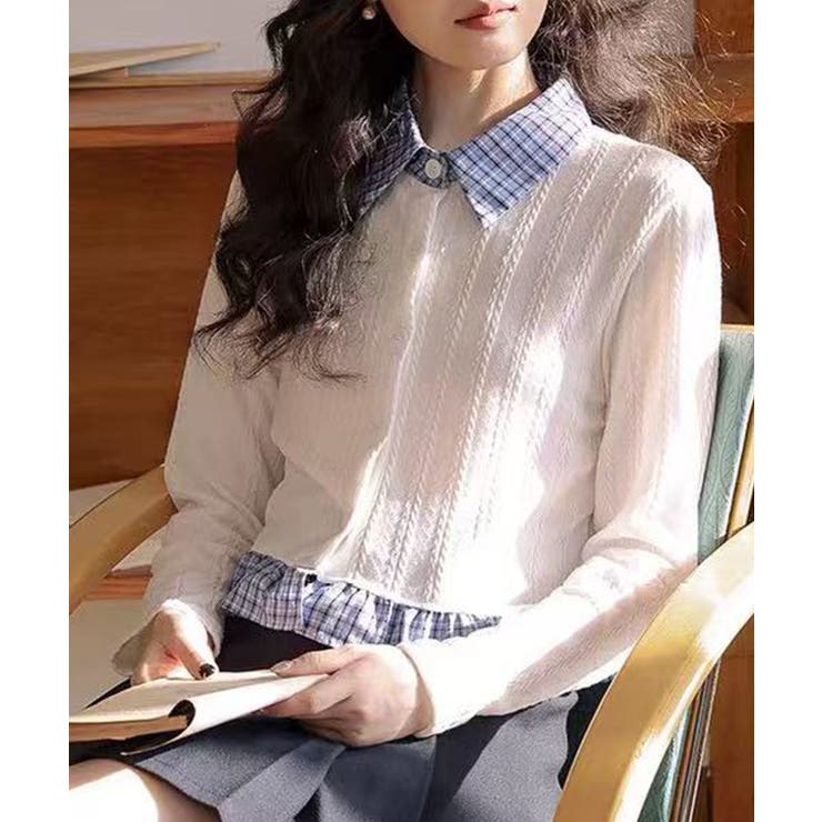 オフホワイト | チェック切替フェイクレイヤードカーディガン | SpRay