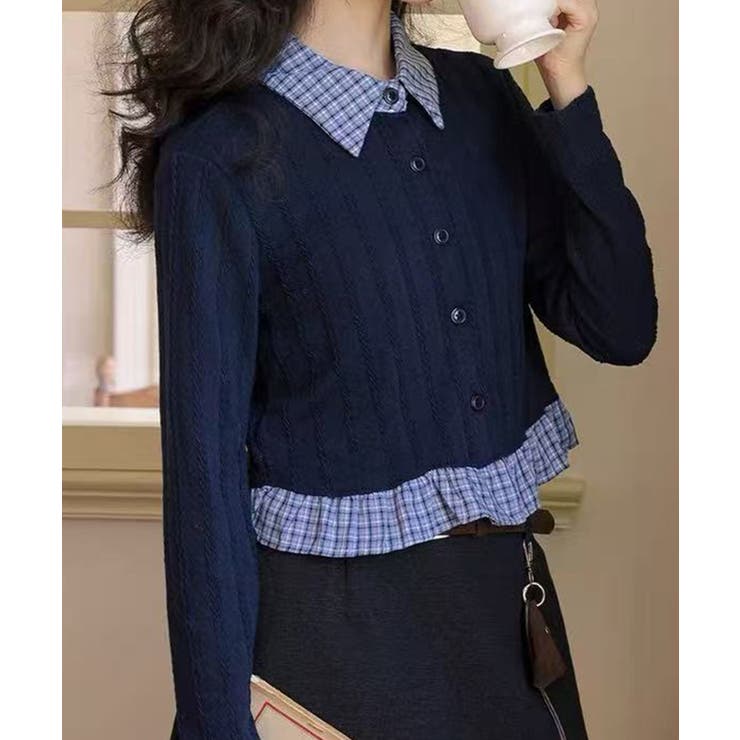 ネイビー | チェック切替フェイクレイヤードカーディガン | SpRay