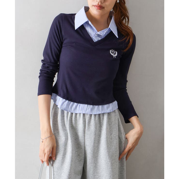 ネイビー | テレコｘストライプレイヤードプルオーバー | SpRay