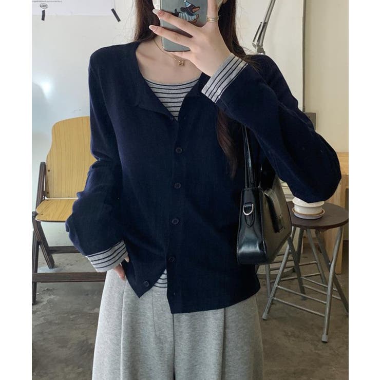 ネイビー | ボーダーレイヤードカーディガン | SpRay