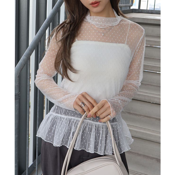 オフホワイト | ドットチュールペプラムロングスリーブ | SpRay