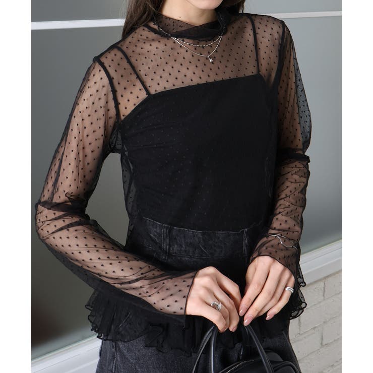ブラック | ドットチュールペプラムロングスリーブ | SpRay
