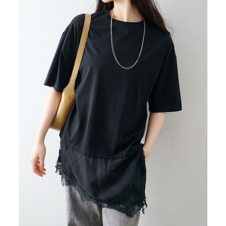 ブラック | すそレースショートスリーブTシャツ | SpRay