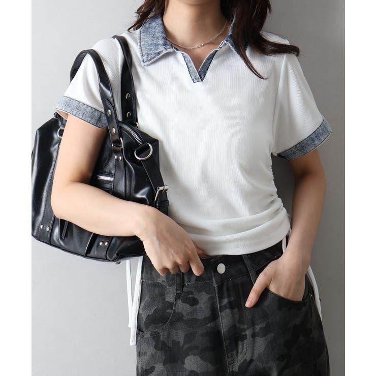 アイボリー | テレコデニム切替ショートスリーブスキッパートップス | SpRay