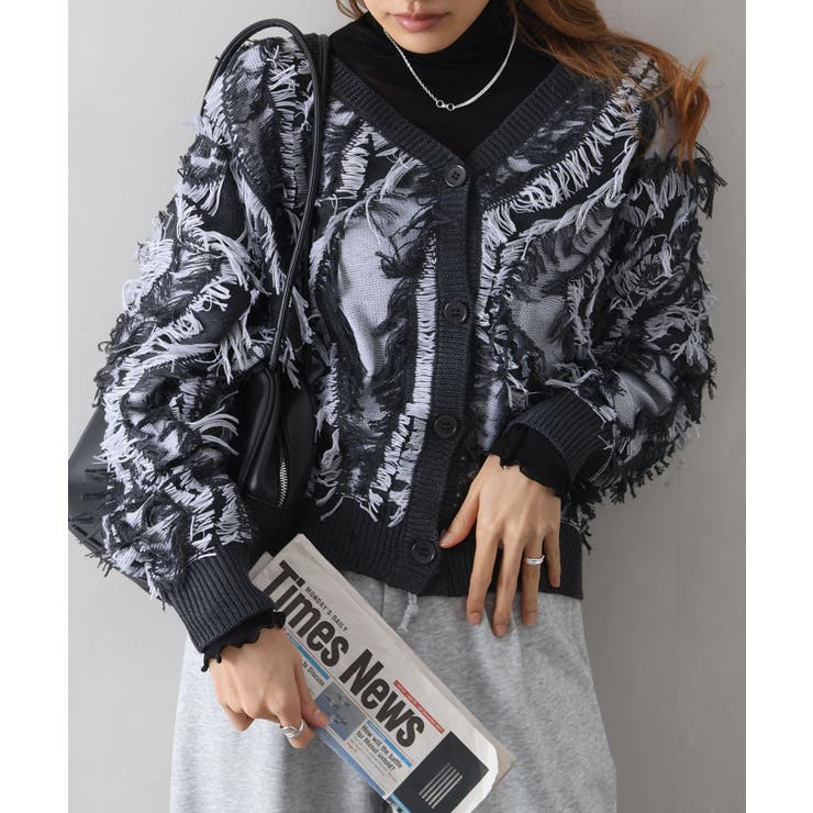 チャコールグレー | ウェーブフリンジカーディガン | SpRay