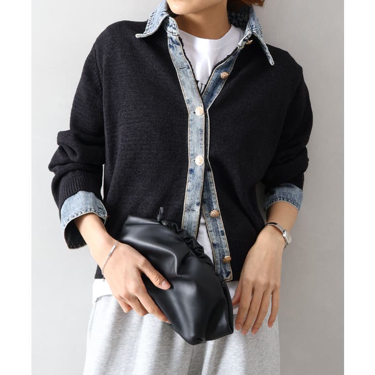 ブラック | デニム切替レイヤードカーディガン | SpRay