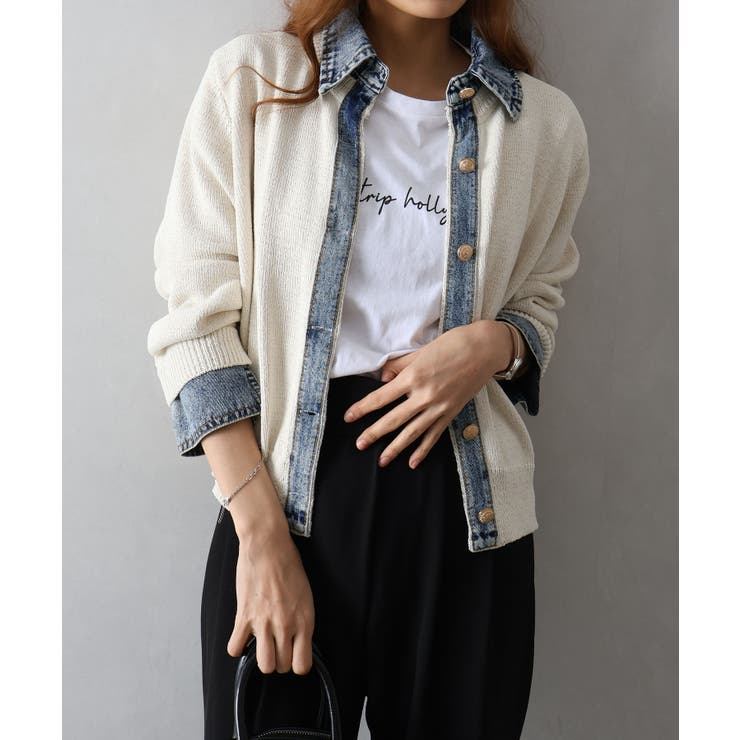 アイボリー | デニム切替レイヤードカーディガン | SpRay