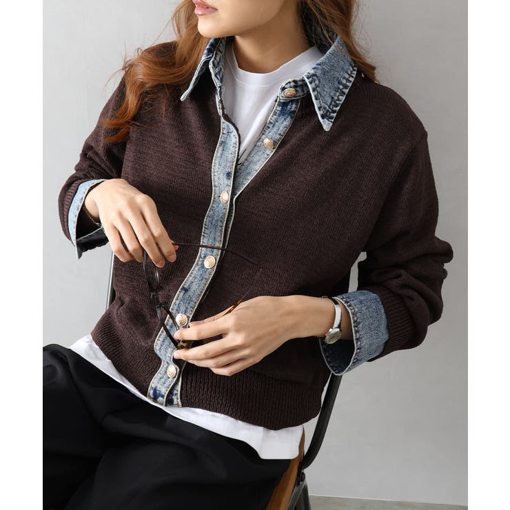 ブラウン | デニム切替レイヤードカーディガン | SpRay