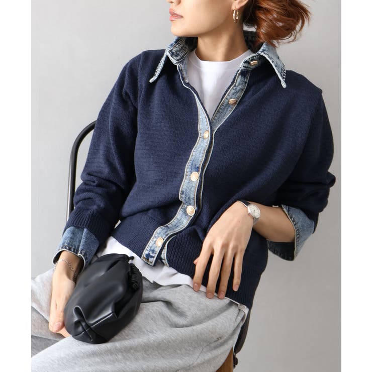 ネイビー | デニム切替レイヤードカーディガン | SpRay