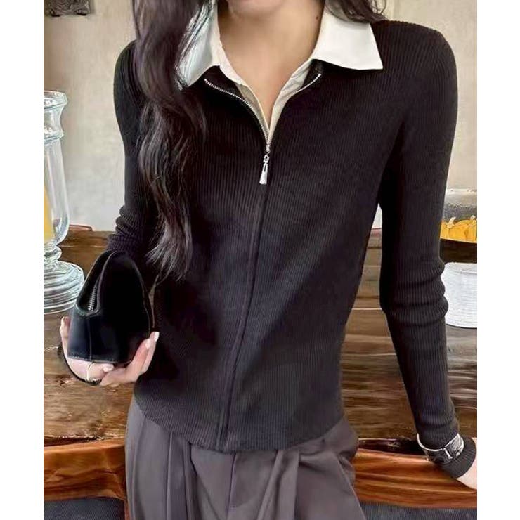 ブラック | フェイクレイヤードジップカーディガン | SpRay