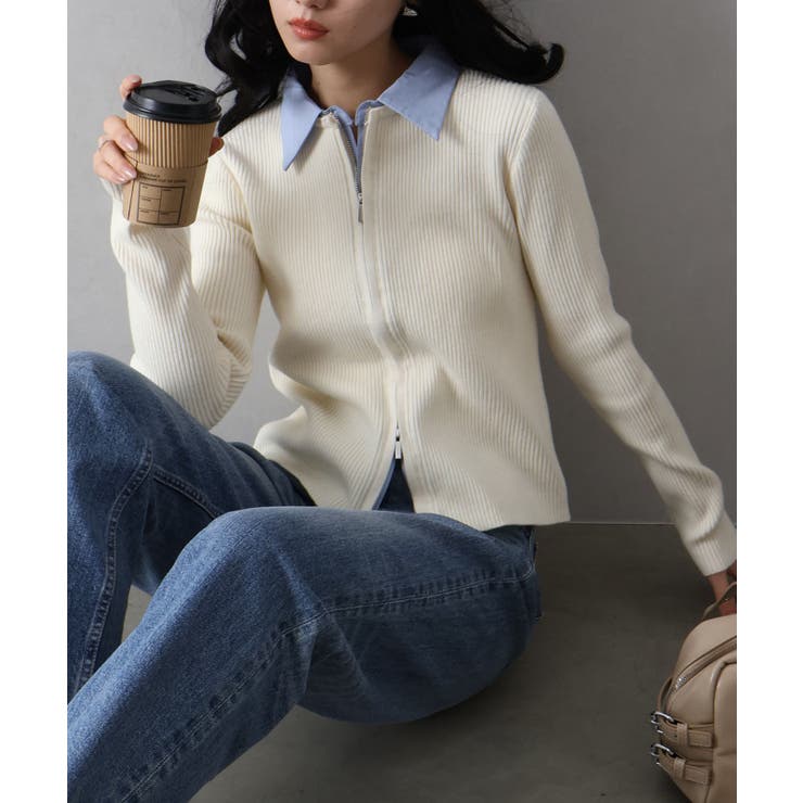 オフホワイト | フェイクレイヤードジップカーディガン | SpRay