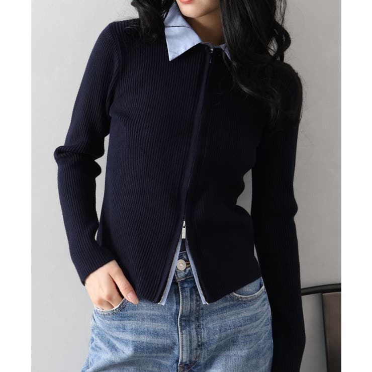 ネイビー | フェイクレイヤードジップカーディガン | SpRay