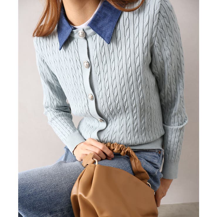 ライトブルー | デニム切替ケーブルカーディガン | SpRay