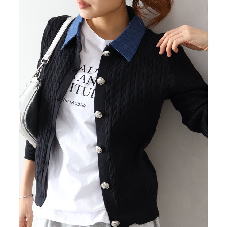 ブラック | デニム切替ケーブルカーディガン | SpRay