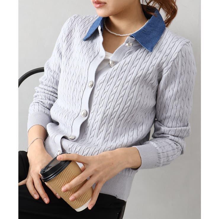 ライトグレー | デニム切替ケーブルカーディガン | SpRay