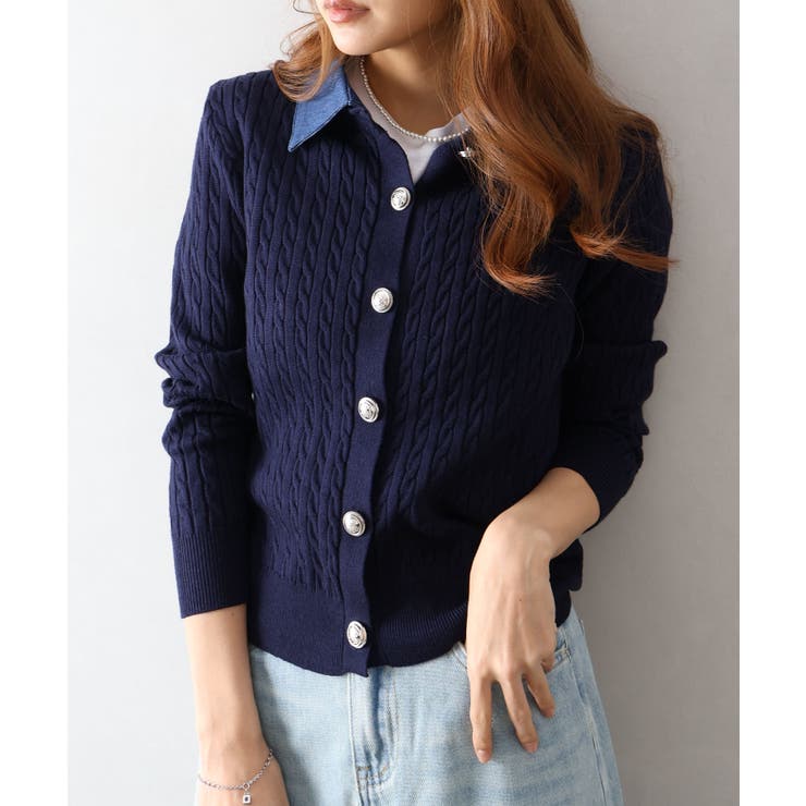 ネイビー | デニム切替ケーブルカーディガン | SpRay