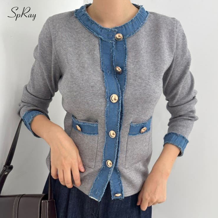 デニム切替ノーカラーカーディガン | SpRay | 詳細画像1 