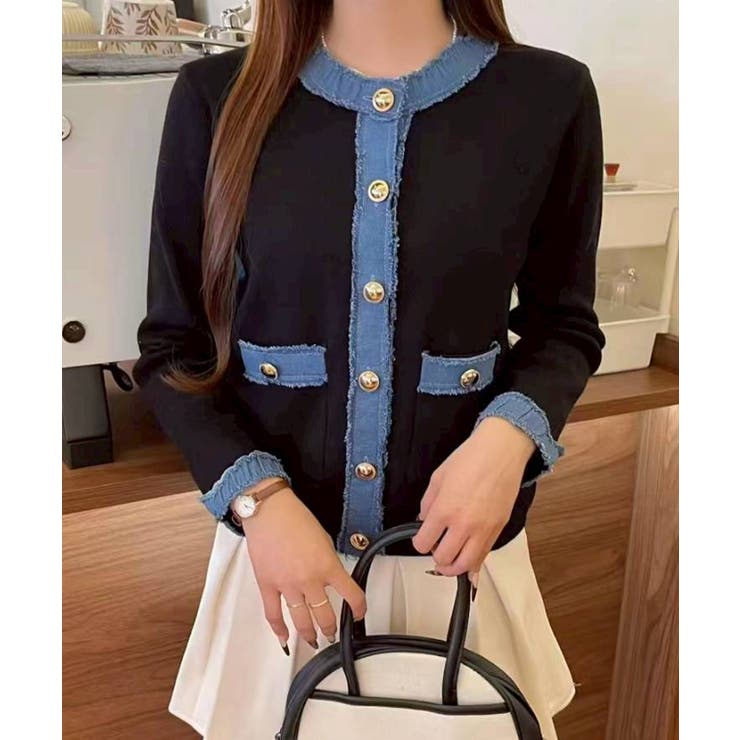 デニム切替ノーカラーカーディガン | SpRay | 詳細画像7 