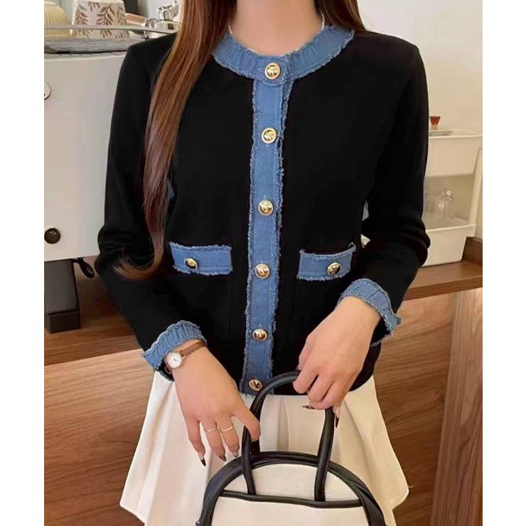 ブラック | デニム切替ノーカラーカーディガン | SpRay