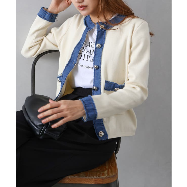 デニム切替ノーカラーカーディガン | SpRay | 詳細画像10 