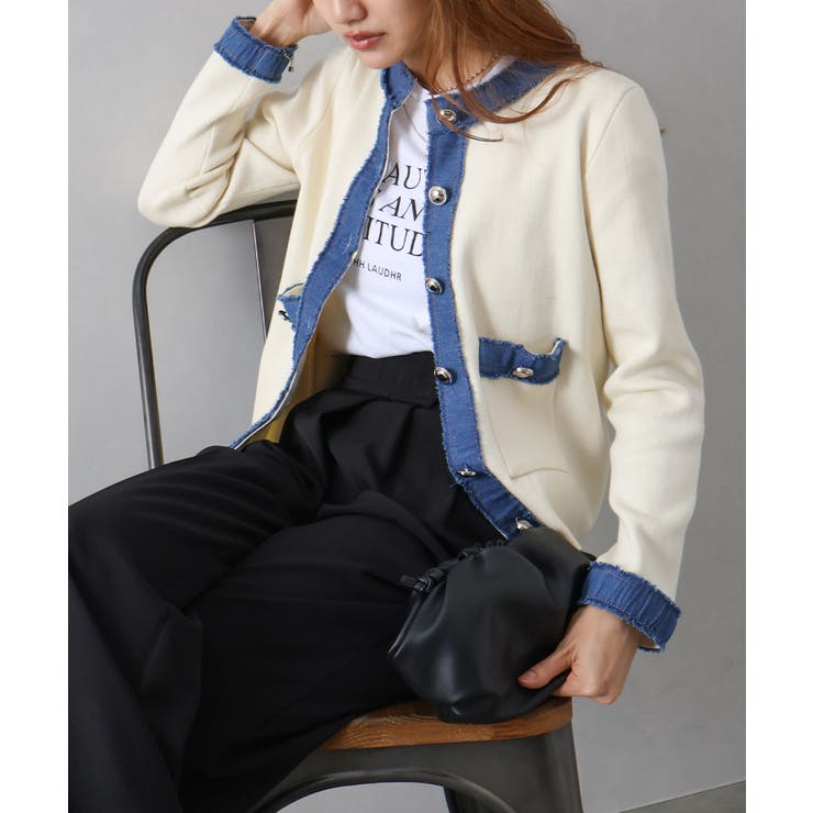 デニム切替ノーカラーカーディガン | SpRay | 詳細画像11 