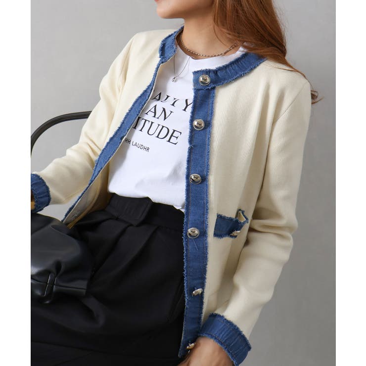 デニム切替ノーカラーカーディガン | SpRay | 詳細画像12 