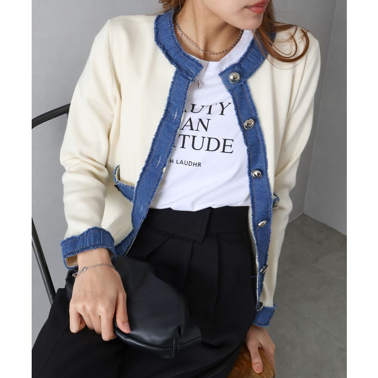 デニム切替ノーカラーカーディガン | SpRay | 詳細画像13 