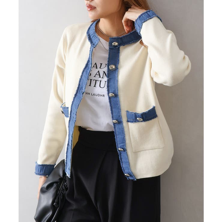 デニム切替ノーカラーカーディガン | SpRay | 詳細画像15 