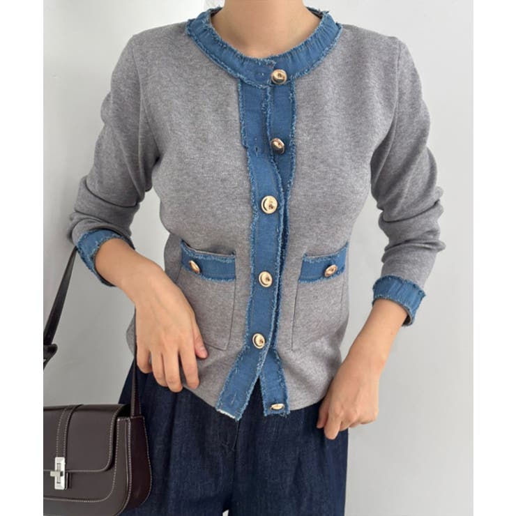 グレー | デニム切替ノーカラーカーディガン | SpRay