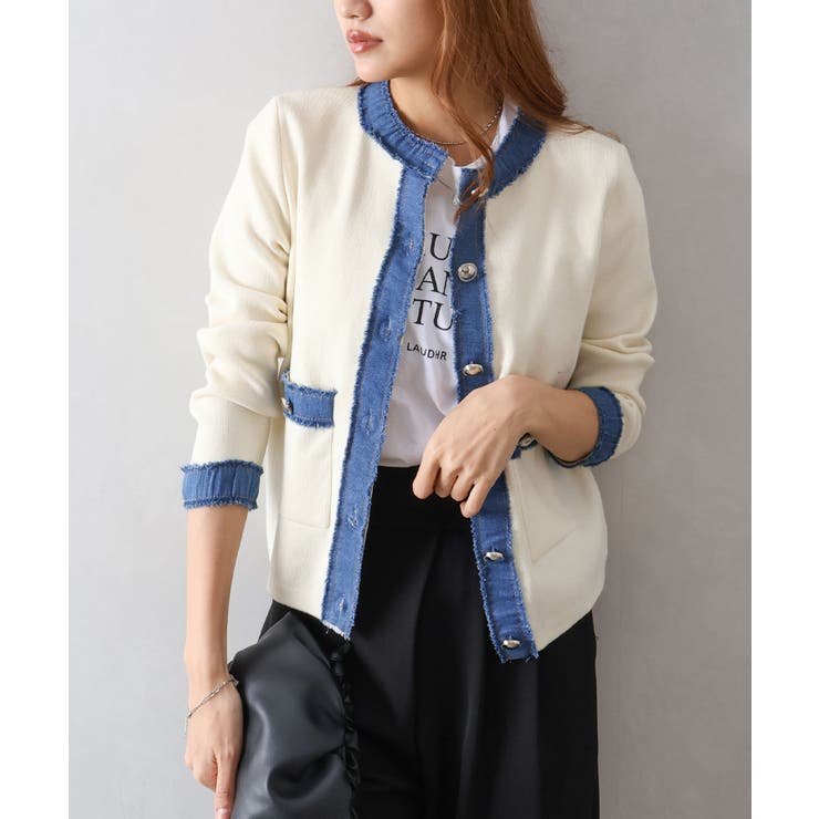 デニム切替ノーカラーカーディガン | SpRay | 詳細画像17 