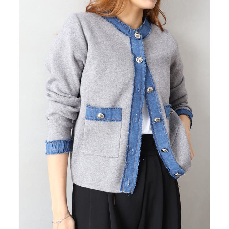 デニム切替ノーカラーカーディガン | SpRay | 詳細画像21 