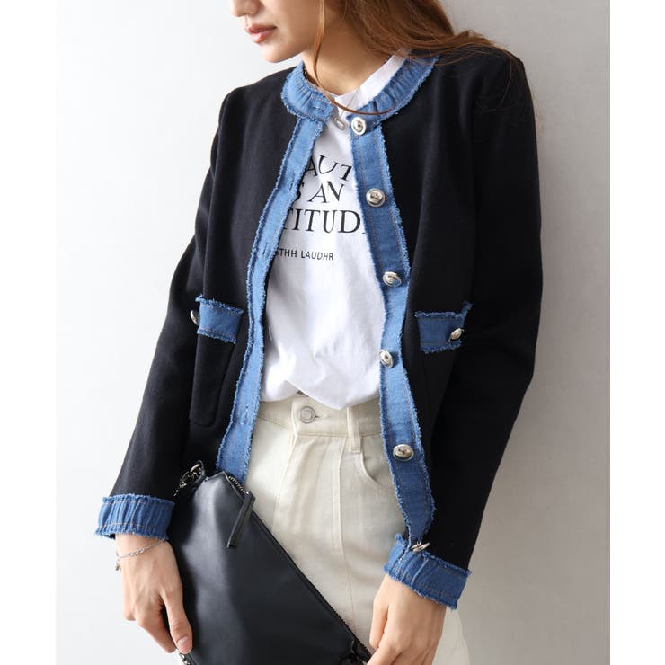 デニム切替ノーカラーカーディガン | SpRay | 詳細画像28 