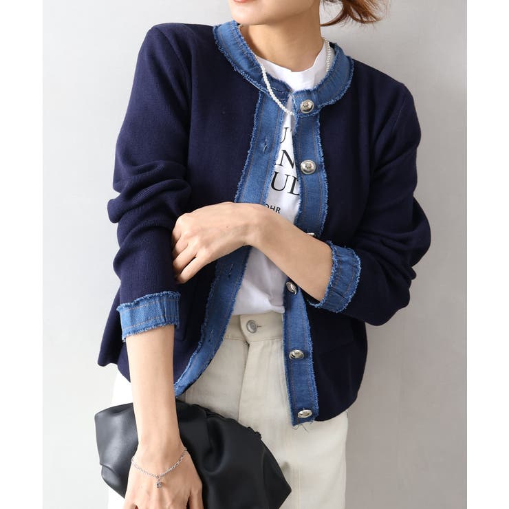 デニム切替ノーカラーカーディガン | SpRay | 詳細画像30 