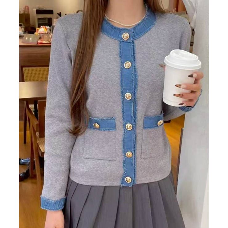 デニム切替ノーカラーカーディガン | SpRay | 詳細画像3 