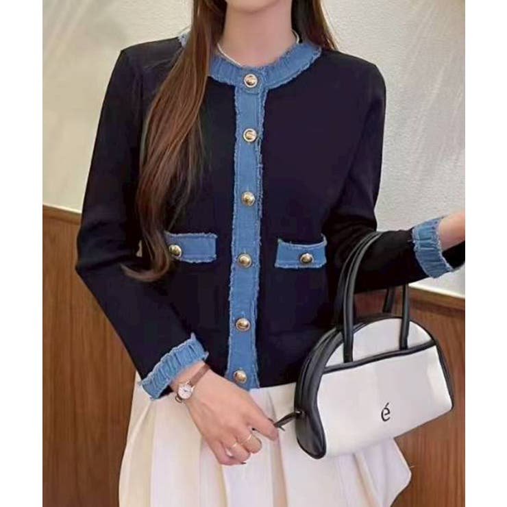 ネイビー | デニム切替ノーカラーカーディガン | SpRay