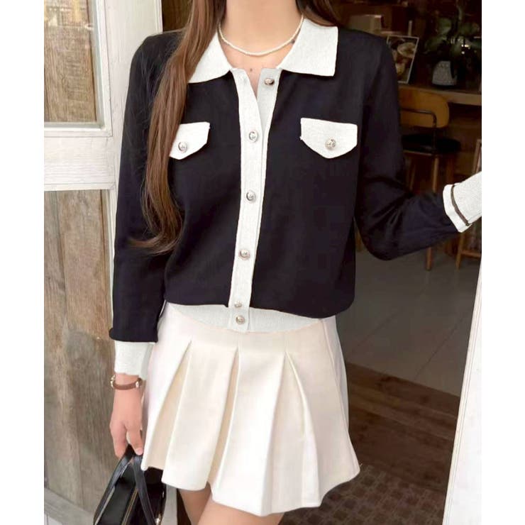 ブラック | バイカラー衿付カーディガン | SpRay