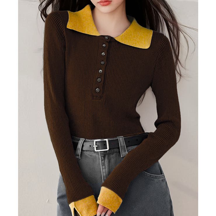 ブラウン | 配色ニットポロシャツ | SpRay