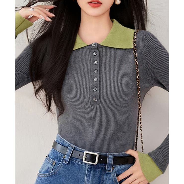 グレー | 配色ニットポロシャツ | SpRay