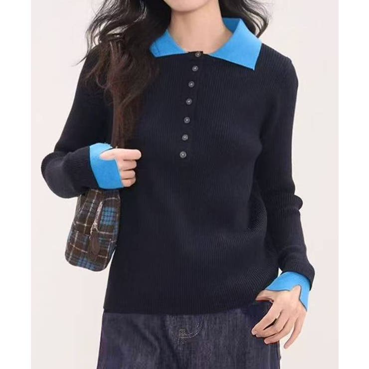 ネイビー | 配色ニットポロシャツ | SpRay