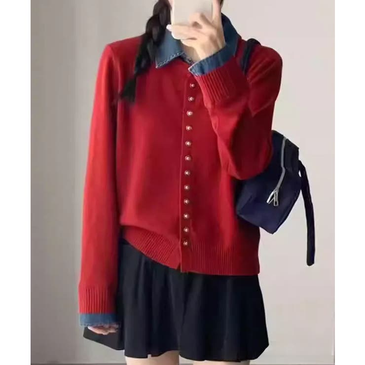 レッド | デニム切替ニットカーディガン | SpRay