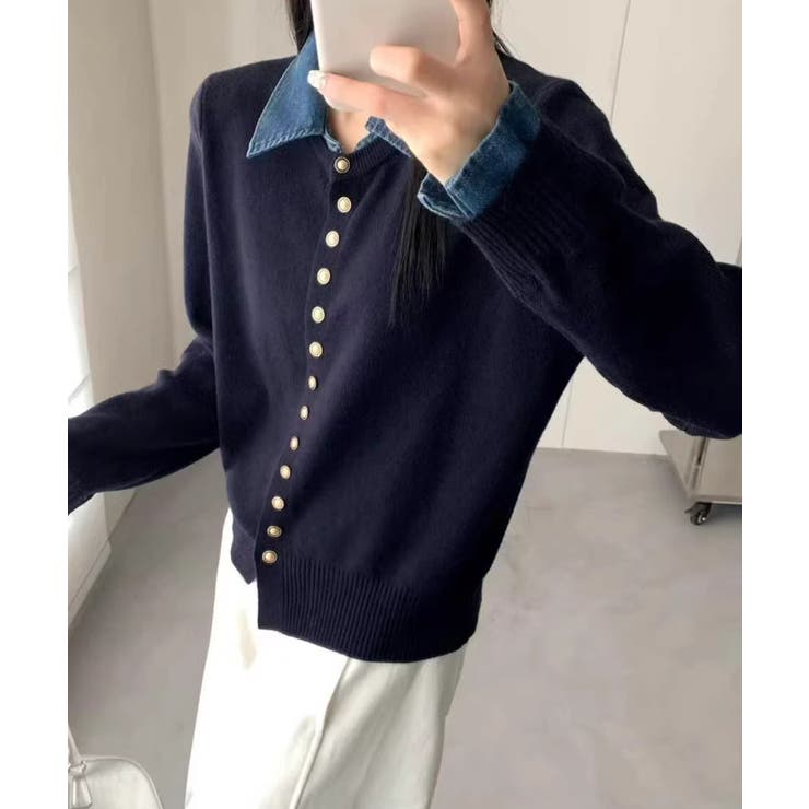 ネイビー | デニム切替ニットカーディガン | SpRay