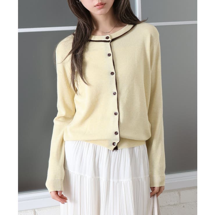 イエロー | 配色クルーカーディガン | SpRay