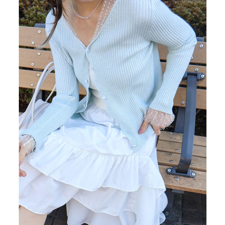 サックスブルー | ドットチュールリブカーディガン | SpRay