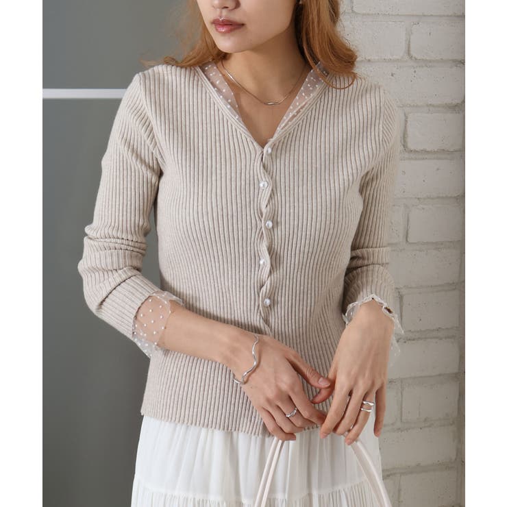 ベージュ | ドットチュールリブカーディガン | SpRay