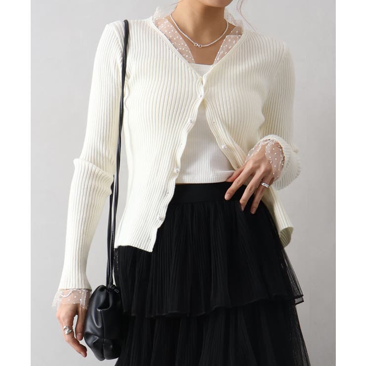 オフホワイト | ドットチュールリブカーディガン | SpRay