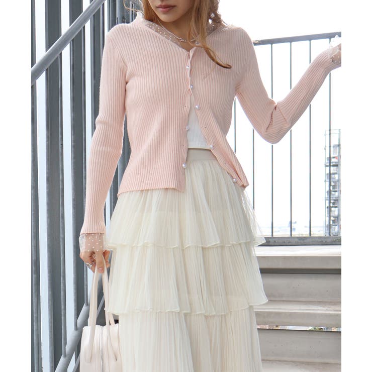 ピンク | ドットチュールリブカーディガン | SpRay