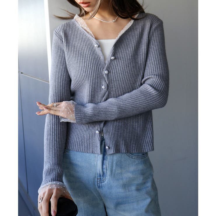 グレー | ドットチュールリブカーディガン | SpRay