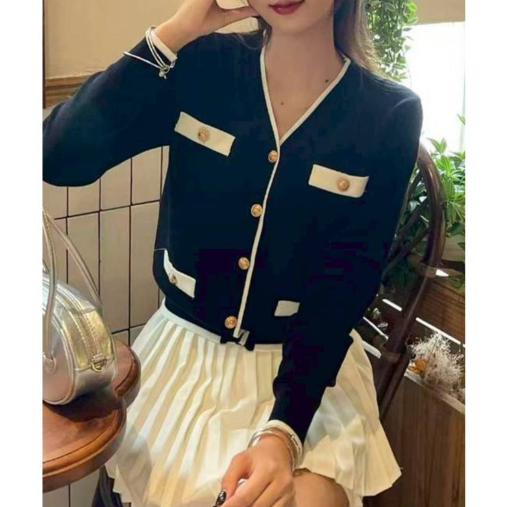 ブラック | バイカラーVネックカーディガン | SpRay