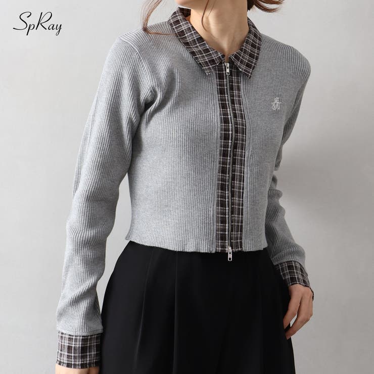 布帛チェック切替ダブルジップカーディガン | SpRay | 詳細画像1 