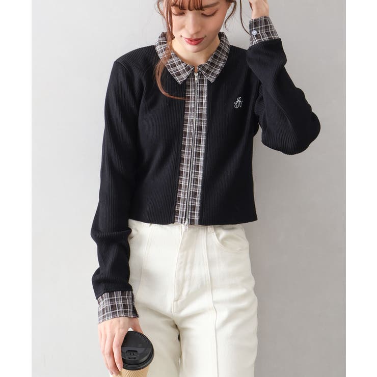 ブラック | 布帛チェック切替ダブルジップカーディガン | SpRay